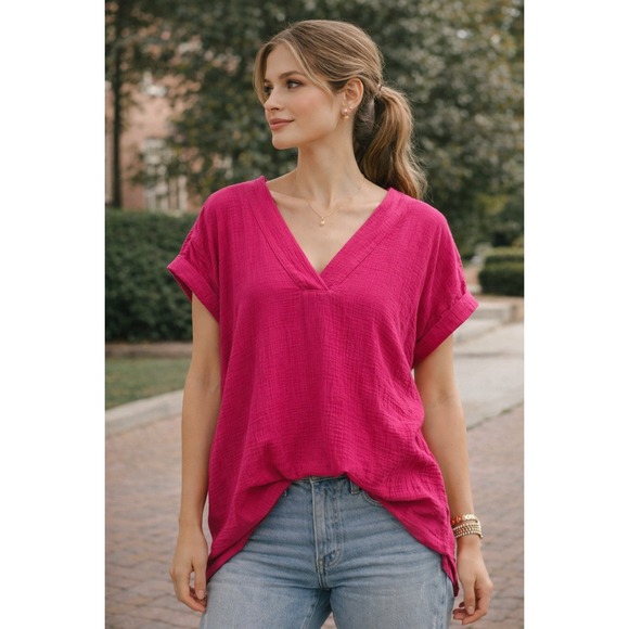 Dear John Tops - Dear‎ John Fuchsia Pink Cotton Gauze V-Neck Top with Knotted Sleeves Medium